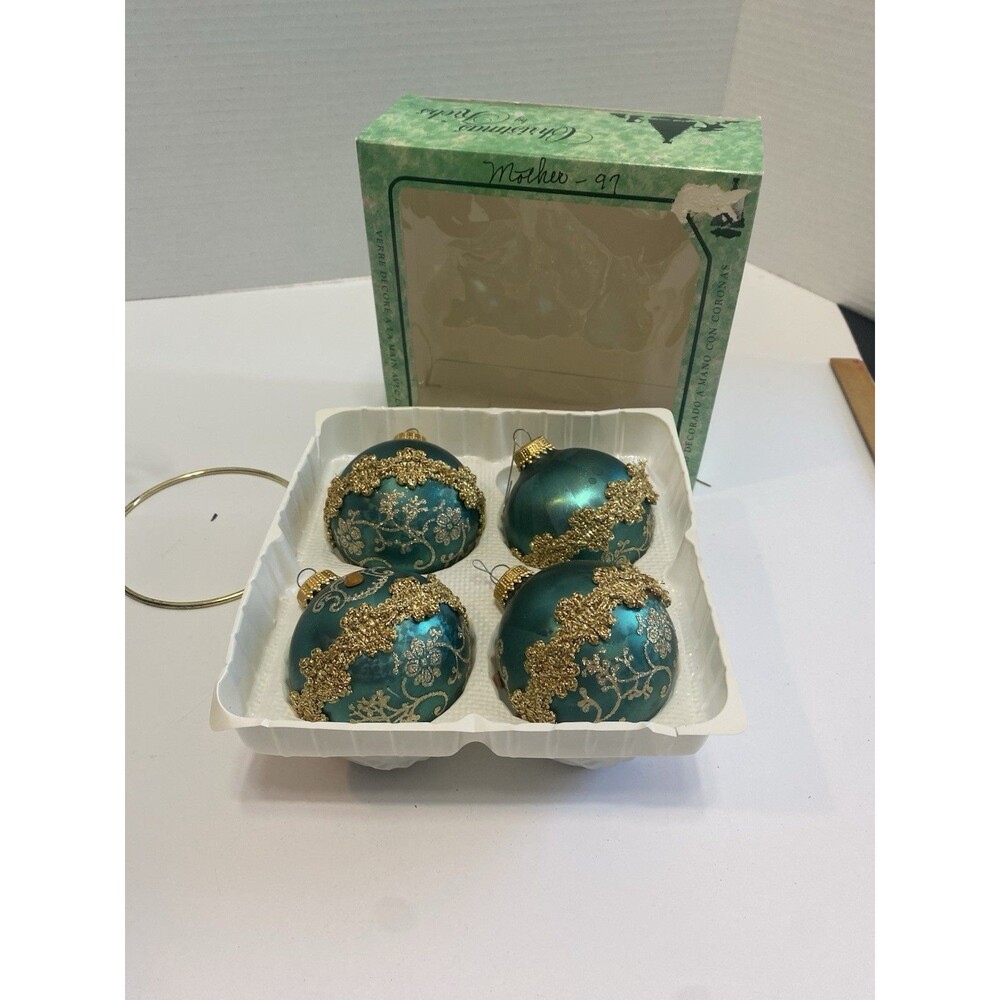 4 VTG Teal Green Ribbon Glass Christmas Tree Ornaments W Crowns Box Krebs